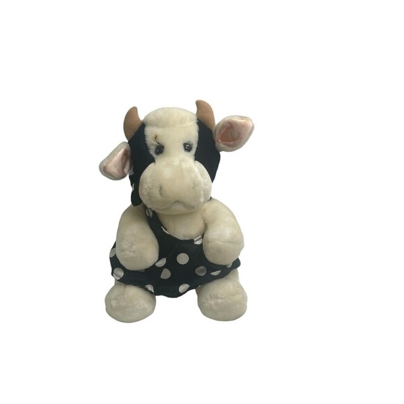 Vintage 1987 DAKIN PLUSH COW BLACK & WHITE PINK SATIN EARS POLKA DOT DRESS 11" - Picture 1 of 4